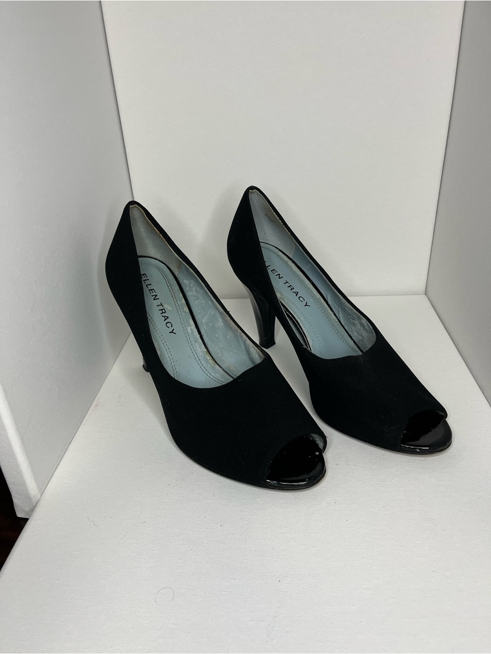 Ellen Tracy Black Suede Peep-Toe Pumps
